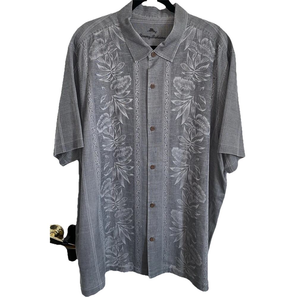 TOMMY BAHAMA MENS ‘RIO FRONDS’ HAWAIIAN 100% SILK ALOHA GRAY CAMP SHIRT 3XL